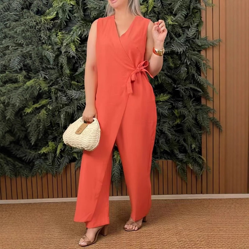 Bis zu 50 % Rabatt!🌟Einfarbiger, lässiger Jumpsuit mit V-Ausschnitt und Bindeband für Damen