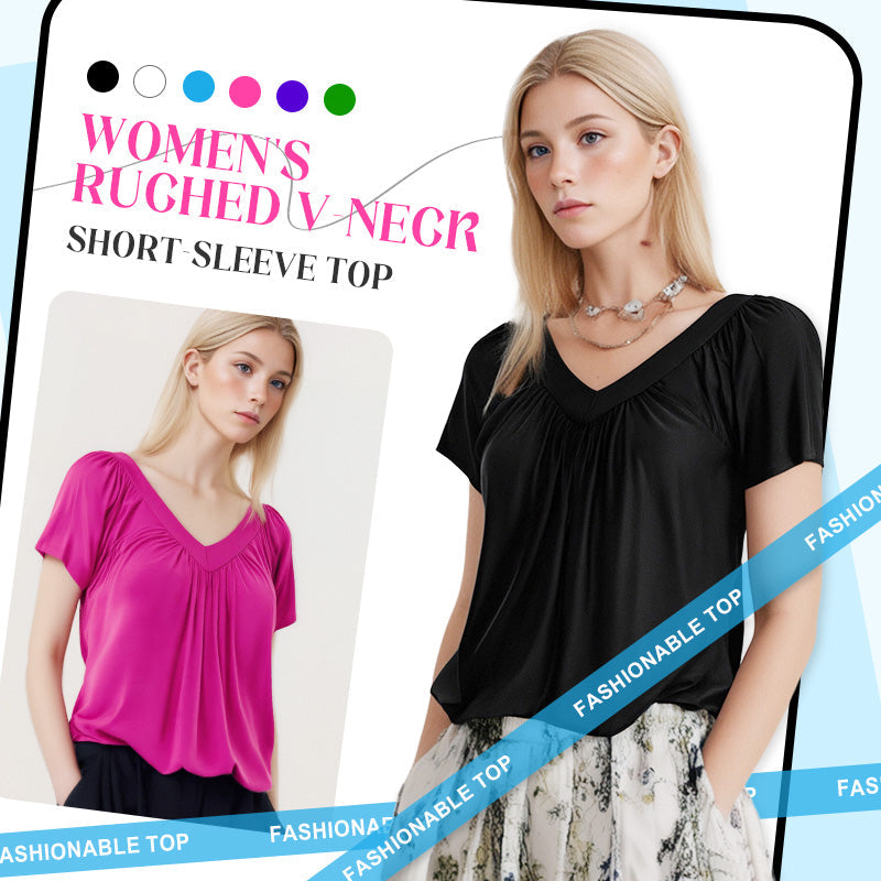 💖Lässiges Damen-Plissee-Shirt mit V-Ausschnitt und kurzen Ärmeln