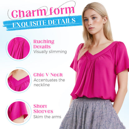 💖Lässiges Damen-Plissee-Shirt mit V-Ausschnitt und kurzen Ärmeln