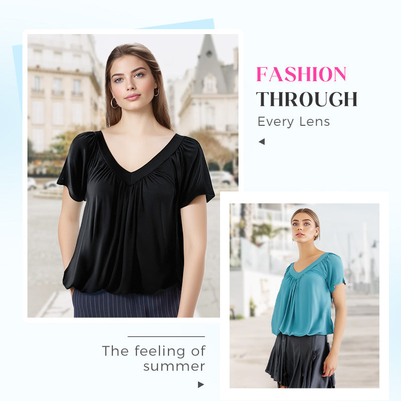 💖Lässiges Damen-Plissee-Shirt mit V-Ausschnitt und kurzen Ärmeln