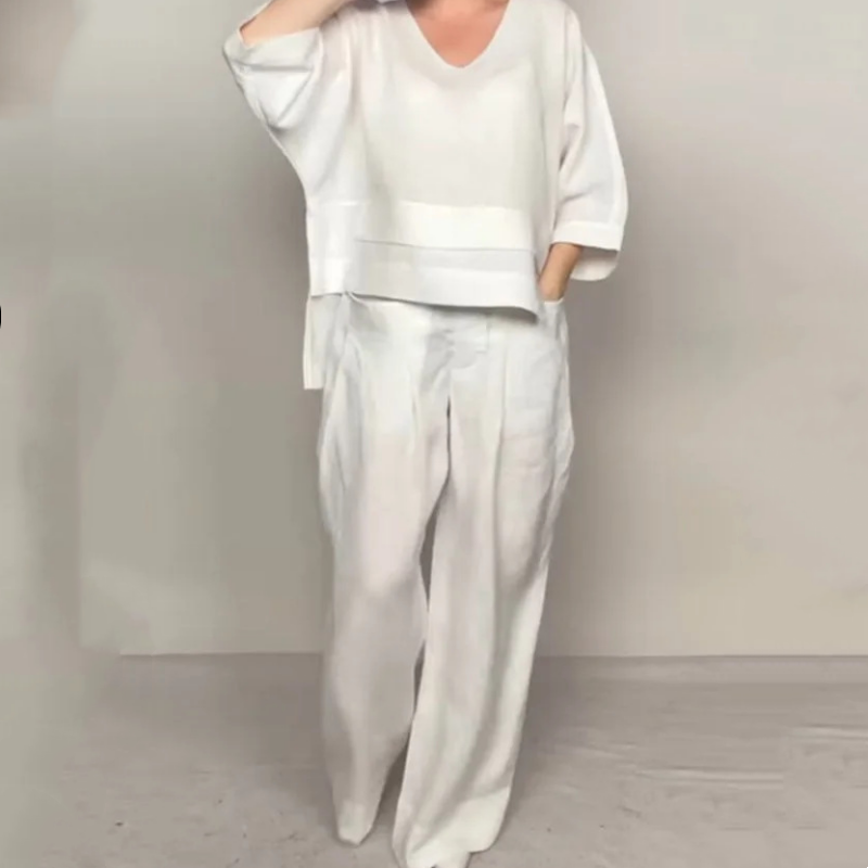 💎 2-teiliges Set aus Baumwoll-Leinen mit unregelmäßigem Saum – V-Ausschnitt-Oberteil + Weitbein-Hose, atmungsaktiv & mühelos stilvoll 🍂👚