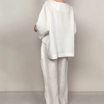 💎 2-teiliges Set aus Baumwoll-Leinen mit unregelmäßigem Saum – V-Ausschnitt-Oberteil + Weitbein-Hose, atmungsaktiv & mühelos stilvoll 🍂👚