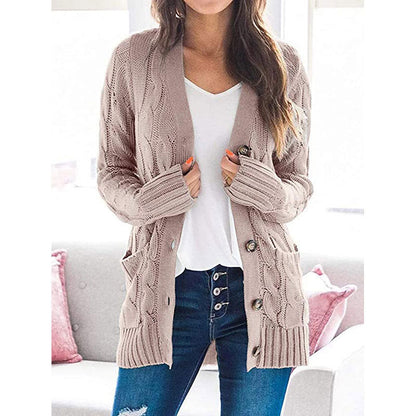 Lässige Damen-Strickjacke für Herbst mit langen Ärmeln, Knopfleiste und offenem Vorderteil