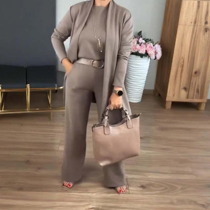 👗 59 % RABATT! ✨Elegantes 3-teiliges Set: Langer Cardigan, Oberteil und Hose
