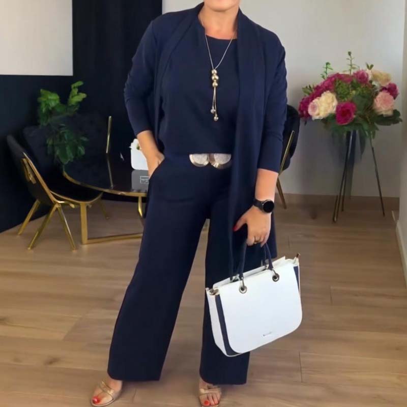 👗 59 % RABATT! ✨Elegantes 3-teiliges Set: Langer Cardigan, Oberteil und Hose