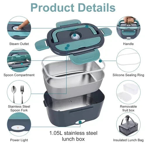 🔥 50 % Rabatt – Tragbare Heiz-Lunchbox mit Edelstahl-Einsatz – doppelte Spannung (12 V/220 V), trockene Erwärmung ohne Wasser – ideal für Auto, Büro & Reisen 🍱