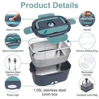 🔥 50 % Rabatt – Tragbare Heiz-Lunchbox mit Edelstahl-Einsatz – doppelte Spannung (12 V/220 V), trockene Erwärmung ohne Wasser – ideal für Auto, Büro & Reisen 🍱