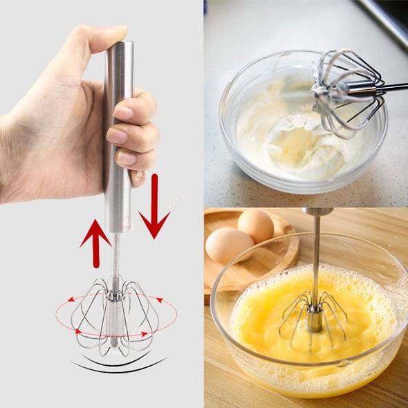 ❄️Sommerfrische 50 % Rabatt!👩‍🍳Semiautomatischer Rührbesen aus Edelstahl – Handbetriebener Eierschläger ohne Batterien für Eier, Sahne, Saucen & Kaffee
