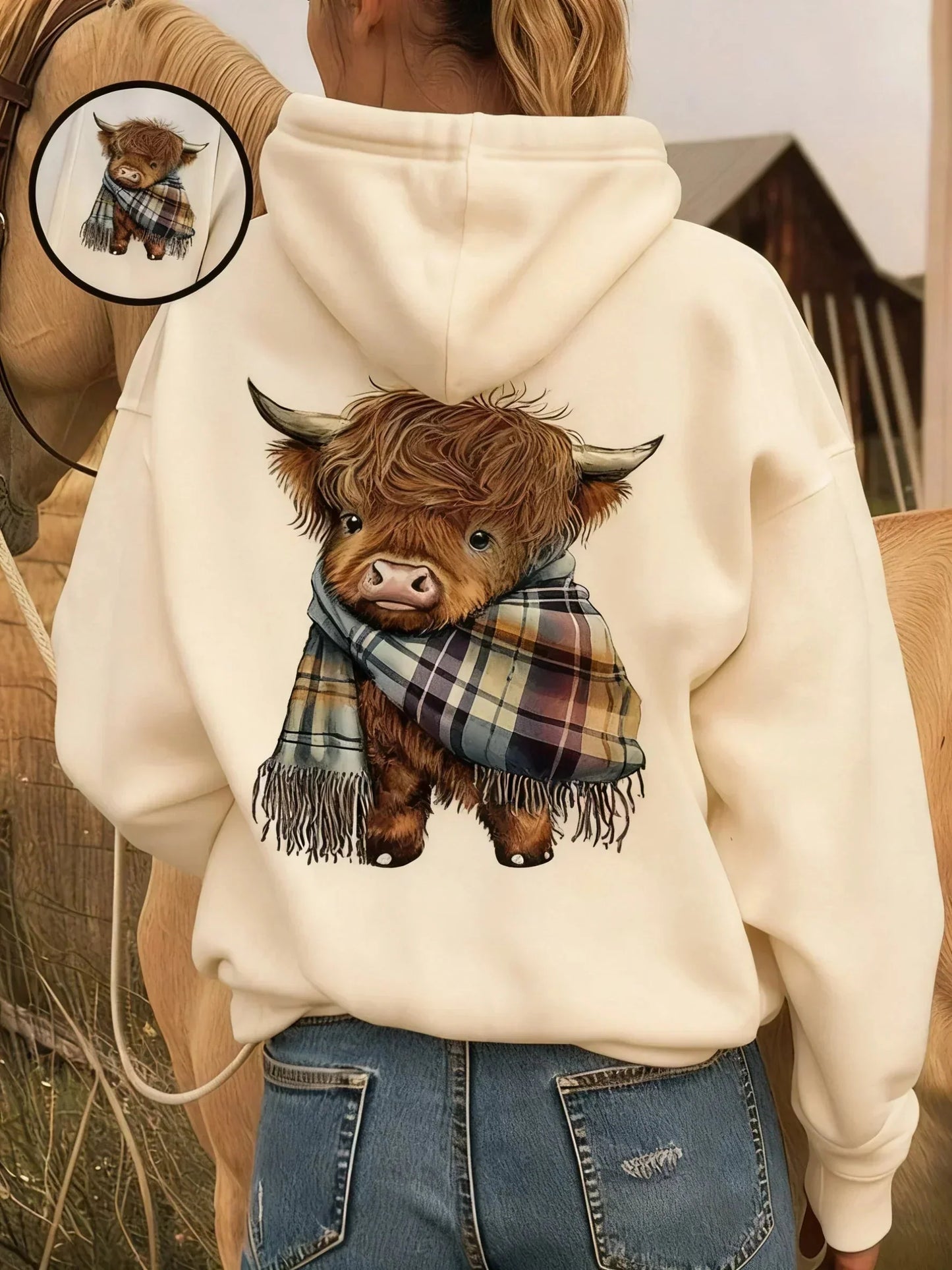 🎄🎅 WEIHNACHTSANGEBOT - 61% RABATT!! 🎁🦬Niedlicher Kapuzenpullover mit Fleece-Futter und Hochlandrindmotiv🎁