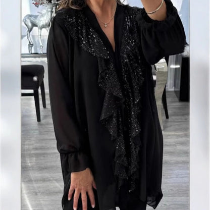 ✨Damen Pailletten Chiffonbluse mit V-Ausschnitt und langen Ärmeln