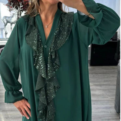 ✨Damen Pailletten Chiffonbluse mit V-Ausschnitt und langen Ärmeln