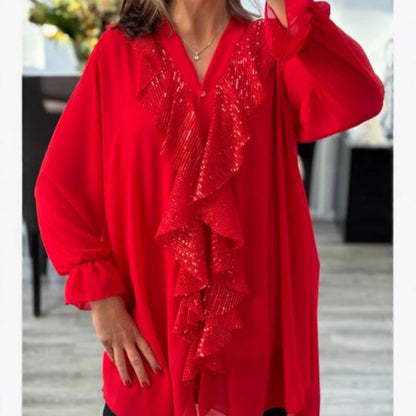 ✨Damen Pailletten Chiffonbluse mit V-Ausschnitt und langen Ärmeln