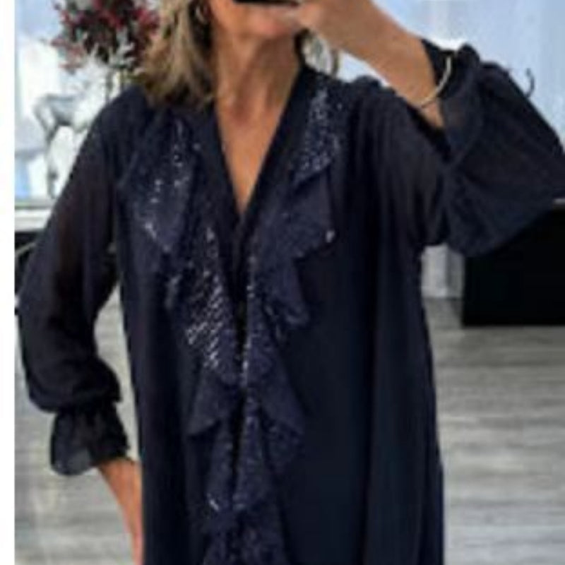 ✨Damen Pailletten Chiffonbluse mit V-Ausschnitt und langen Ärmeln
