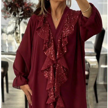 ✨Damen Pailletten Chiffonbluse mit V-Ausschnitt und langen Ärmeln