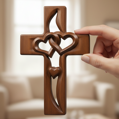 ✝️ 50% RABATT JETZT! ❤️ Holzkreuz mit Verschlungenen Herzen – Handgeschnitzt, Spirituelles Geschenk & Einzigartige Hochzeitsdekoration 🎁✨