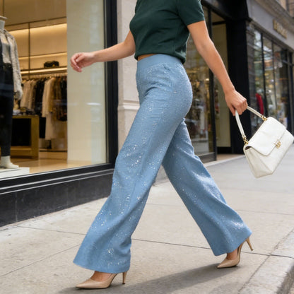 Glitzernde Hose mit hohem Bund und geradem Bein