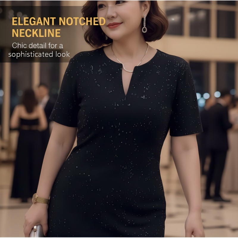 Klassisches schwarzes, glitzerndes Kurzarmkleid mit V-Ausschnitt