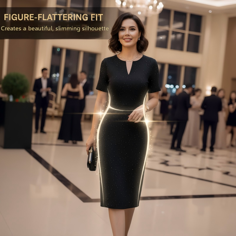 Klassisches schwarzes, glitzerndes Kurzarmkleid mit V-Ausschnitt