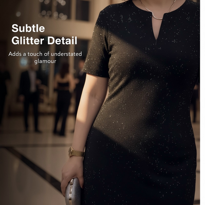Klassisches schwarzes, glitzerndes Kurzarmkleid mit V-Ausschnitt