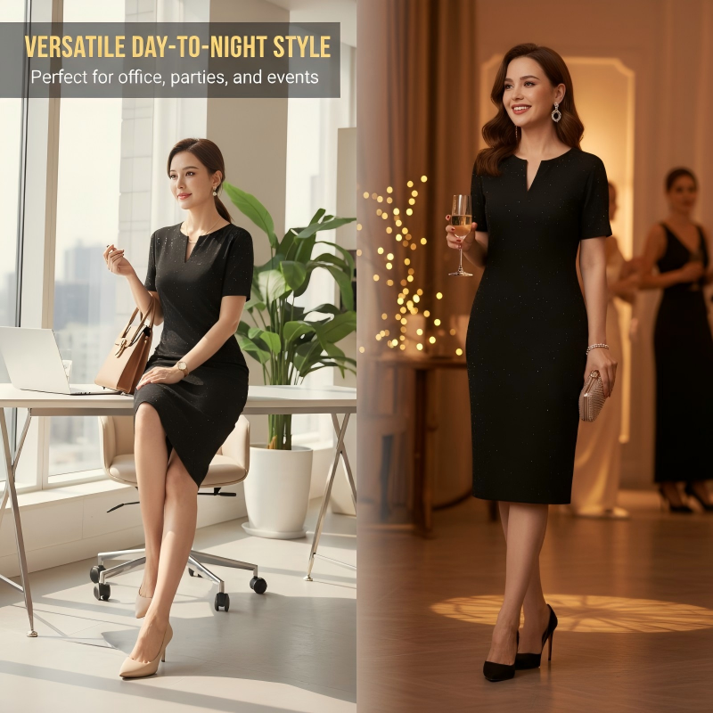 Klassisches schwarzes, glitzerndes Kurzarmkleid mit V-Ausschnitt