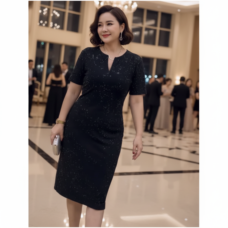 Klassisches schwarzes, glitzerndes Kurzarmkleid mit V-Ausschnitt