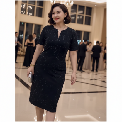 Klassisches schwarzes, glitzerndes Kurzarmkleid mit V-Ausschnitt