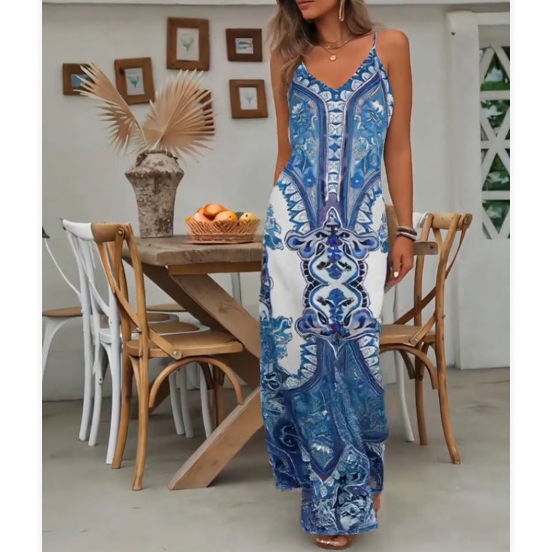 ⌛🔥Limited Edition 2026🎁 Retro-Print V-Ausschnitt Trägerloses Maxikleid für Damen🔥Kauf 2 Artikel versandkostenfrei
