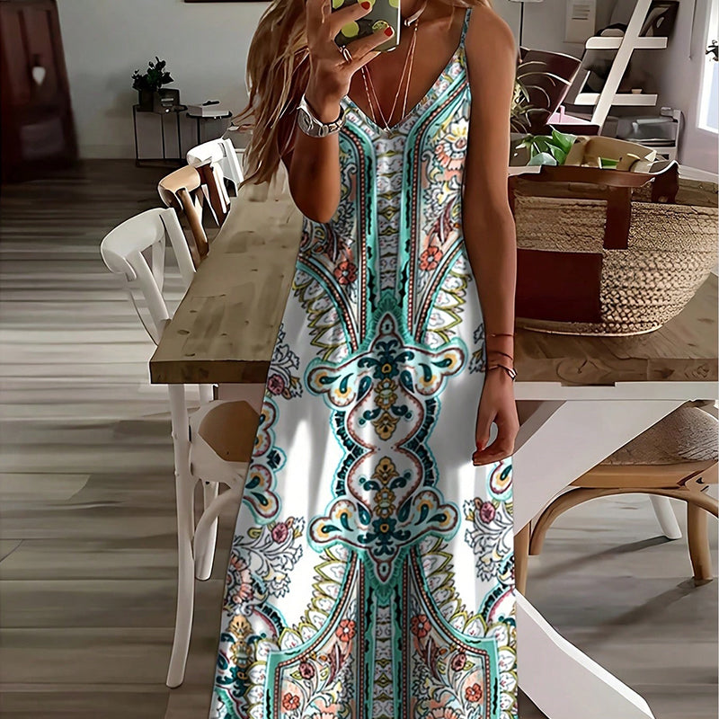 ⌛🔥Limited Edition 2026🎁 Retro-Print V-Ausschnitt Trägerloses Maxikleid für Damen🔥Kauf 2 Artikel versandkostenfrei
