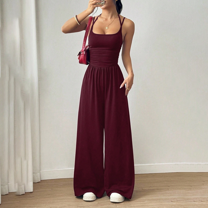 ☀️ Damen Sommer-Jumpsuit – Spaghettiträger, geraffte Taille, weites Bein, atmungsaktiv & figurbetont, S–XL