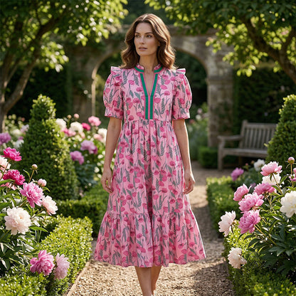 Damen Maxikleid mit Blumendruck und Puffärmeln