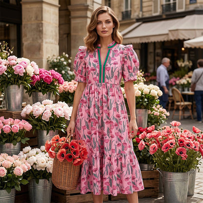 Damen Maxikleid mit Blumendruck und Puffärmeln