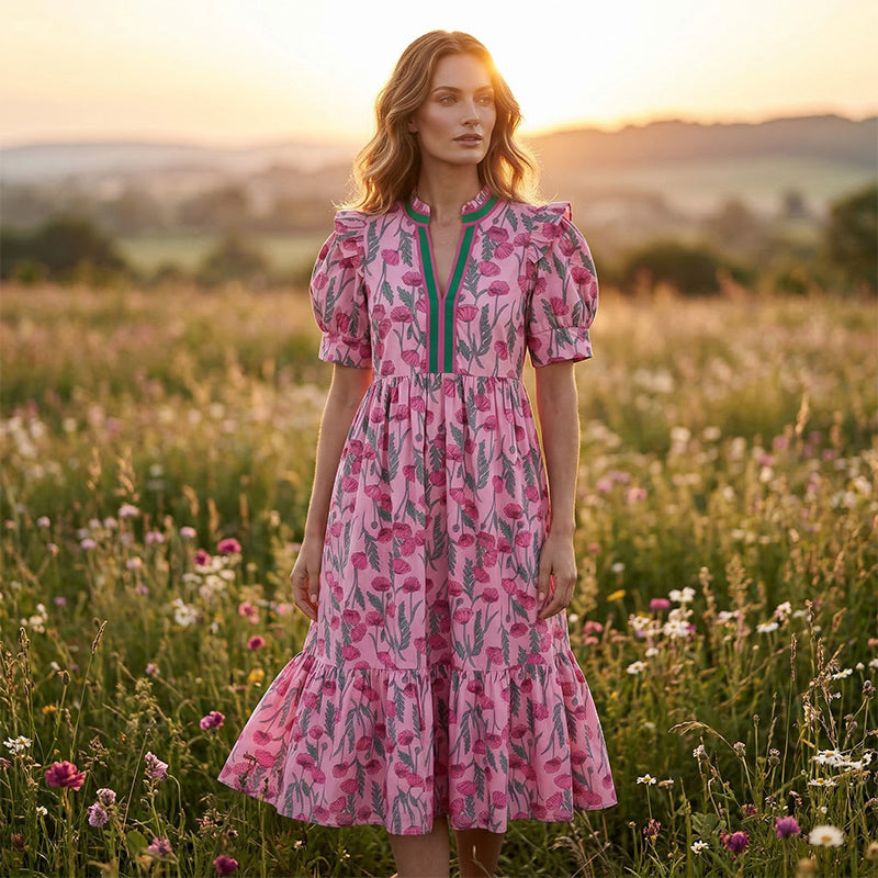 Damen Maxikleid mit Blumendruck und Puffärmeln