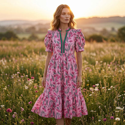 Damen Maxikleid mit Blumendruck und Puffärmeln