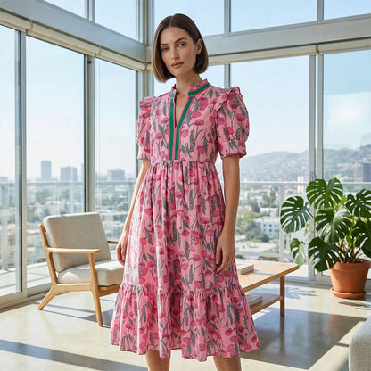 Damen Maxikleid mit Blumendruck und Puffärmeln