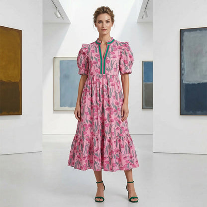 Damen Maxikleid mit Blumendruck und Puffärmeln