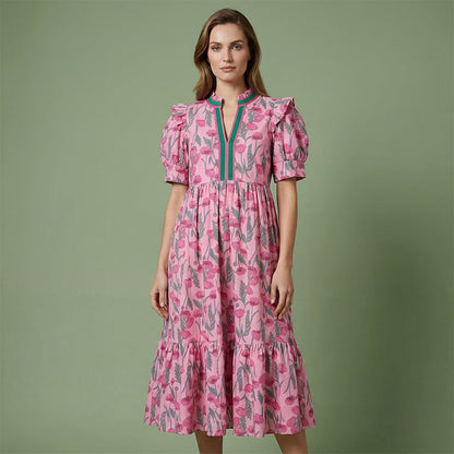 Damen Maxikleid mit Blumendruck und Puffärmeln