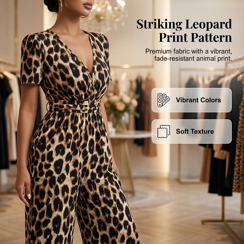 🐆✨ Damen Jumpsuit 2026 – Retro Leopardenmuster, V-Ausschnitt, Tailliert mit Falten, Weites Bein Y2K Style