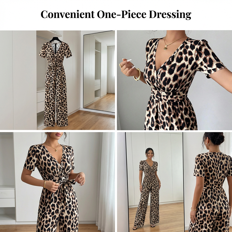 🐆✨ Damen Jumpsuit 2026 – Retro Leopardenmuster, V-Ausschnitt, Tailliert mit Falten, Weites Bein Y2K Style