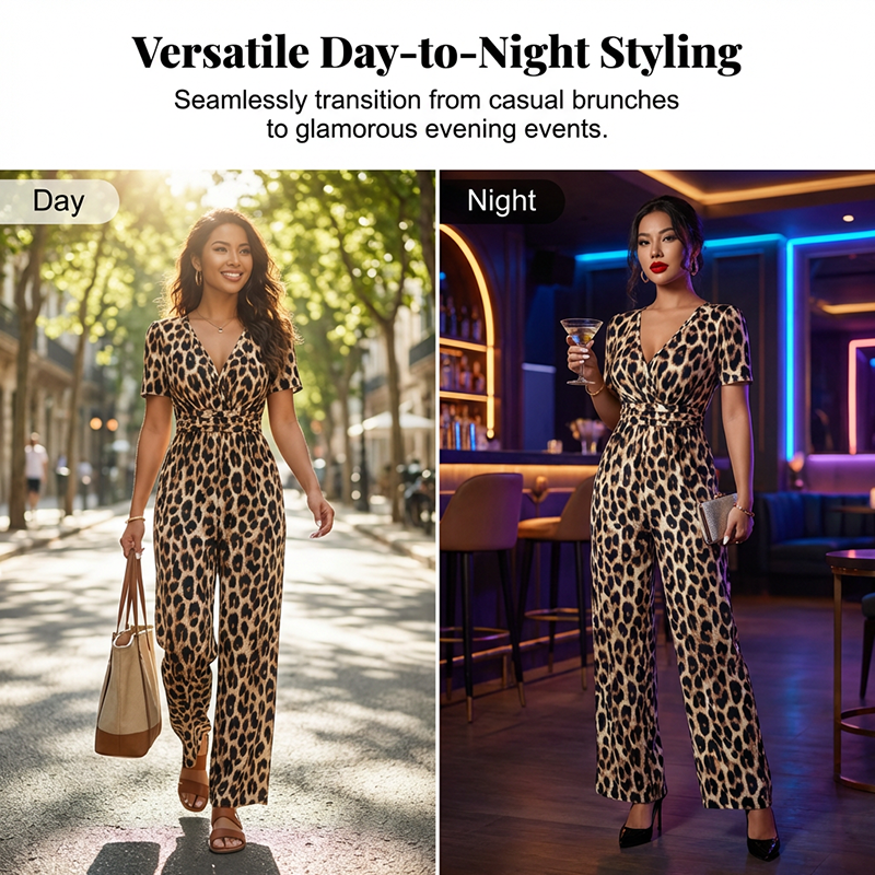 🐆✨ Damen Jumpsuit 2026 – Retro Leopardenmuster, V-Ausschnitt, Tailliert mit Falten, Weites Bein Y2K Style
