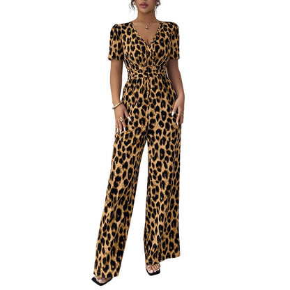 🐆✨ Damen Jumpsuit 2026 – Retro Leopardenmuster, V-Ausschnitt, Tailliert mit Falten, Weites Bein Y2K Style