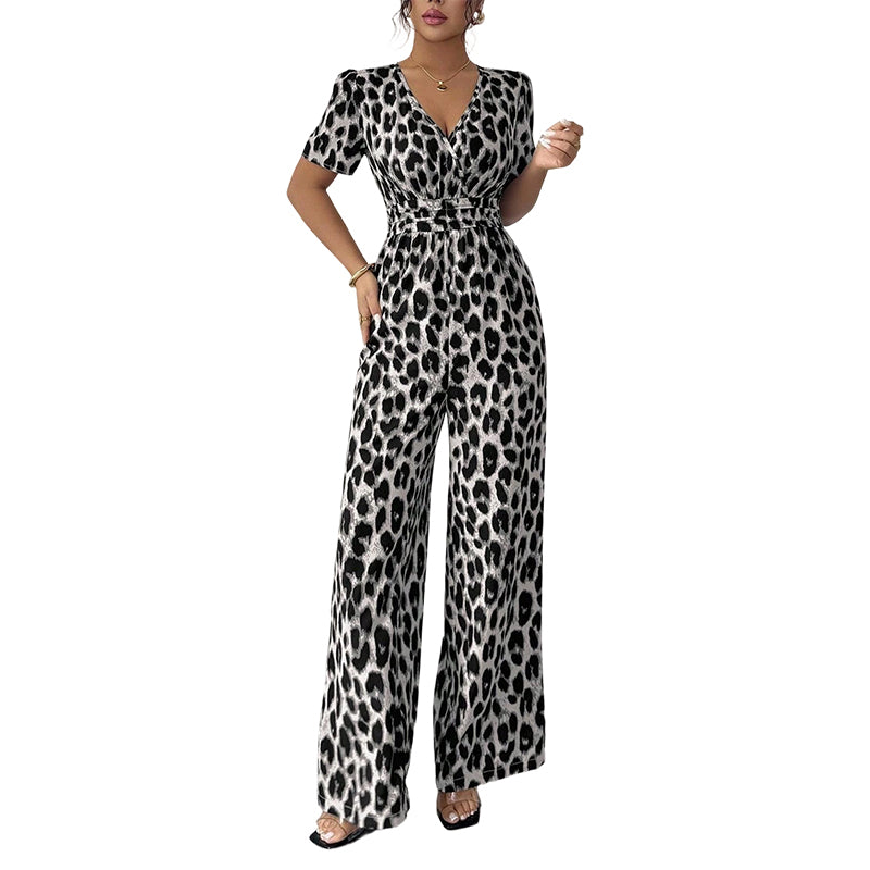 🐆✨ Damen Jumpsuit 2026 – Retro Leopardenmuster, V-Ausschnitt, Tailliert mit Falten, Weites Bein Y2K Style