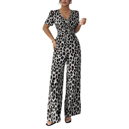 🐆✨ Damen Jumpsuit 2026 – Retro Leopardenmuster, V-Ausschnitt, Tailliert mit Falten, Weites Bein Y2K Style