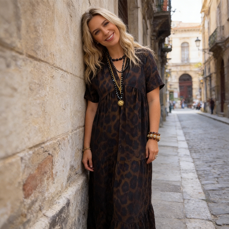 💞Neuankunft 50% Rabatt👗Damen V-Ausschnitt Leopard Druck Maxi Kleid mit kostenloser Halskette📿💎