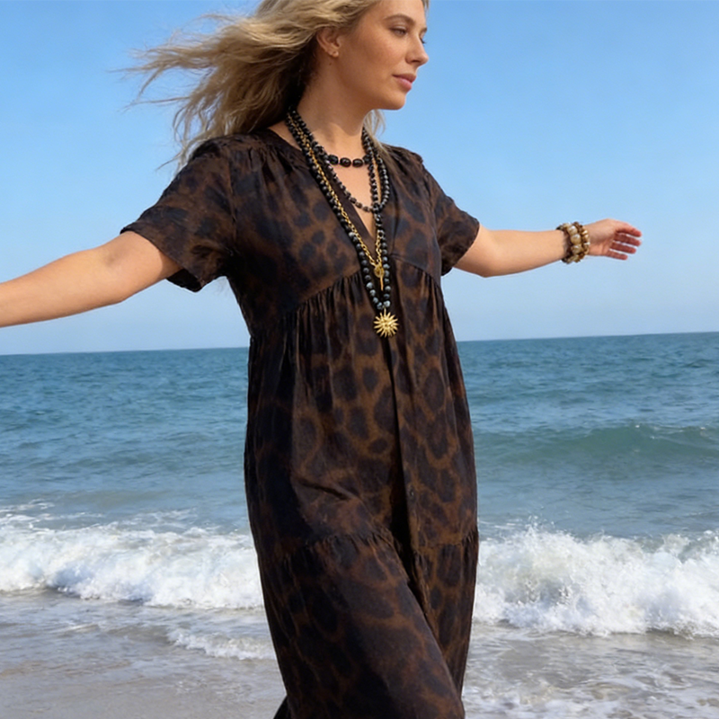 💞Neuankunft 50% Rabatt👗Damen V-Ausschnitt Leopard Druck Maxi Kleid mit kostenloser Halskette📿💎