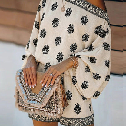 👗 50% RABATT! 🌸 Bohème Jumpsuit-Set mit Off-Shoulder & Vintage-Print – Sommer-Traum – Fließend, luftig & perfekt für Festivals, Strand oder warme Urlaubsnächte ☀️