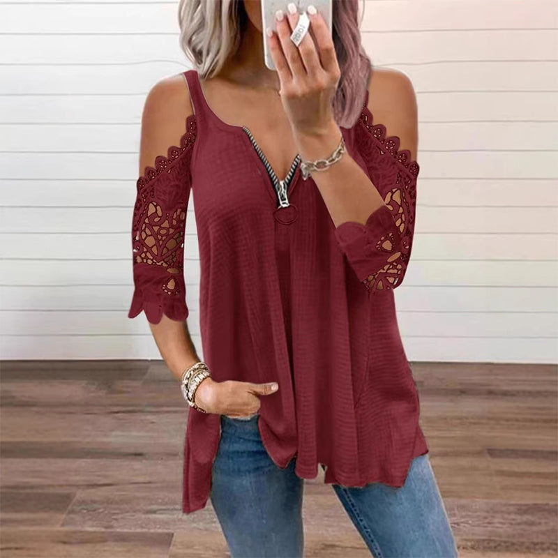 Must-Have🔥 Spitzen-Top mit freien Schultern und Reißverschluss – Ausgefallene Details & atmungsaktiver Stoff für mühelosen Stil ✨