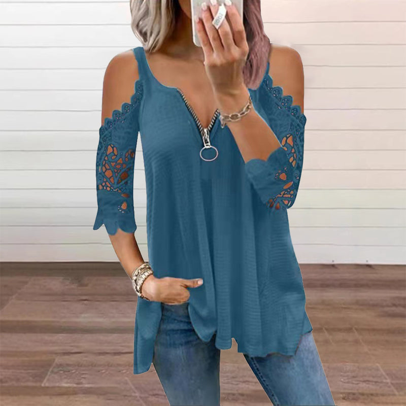 Must-Have🔥 Spitzen-Top mit freien Schultern und Reißverschluss – Ausgefallene Details & atmungsaktiver Stoff für mühelosen Stil ✨