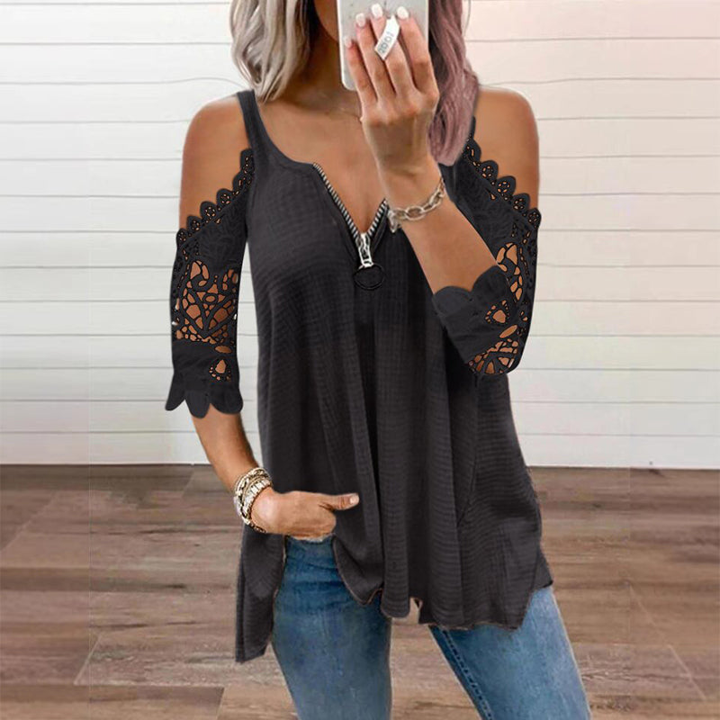 Must-Have🔥 Spitzen-Top mit freien Schultern und Reißverschluss – Ausgefallene Details & atmungsaktiver Stoff für mühelosen Stil ✨