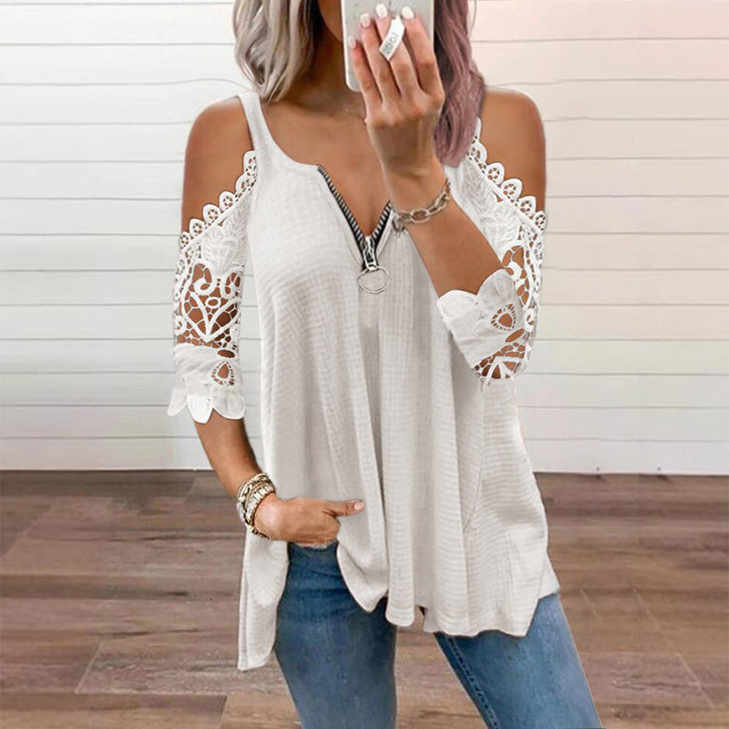 Must-Have🔥 Spitzen-Top mit freien Schultern und Reißverschluss – Ausgefallene Details & atmungsaktiver Stoff für mühelosen Stil ✨