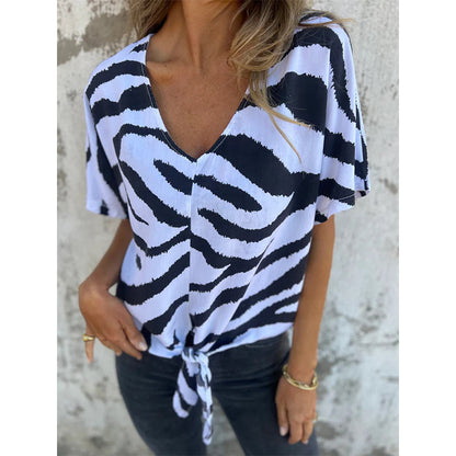 🔥Top-Auswahl🔥 Damen-T-Shirt mit V-Ausschnitt und Bindeband vorne im Zebra-Muster